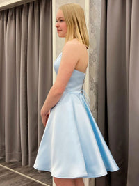 Blue satin short prom dress, blue homecoming dress