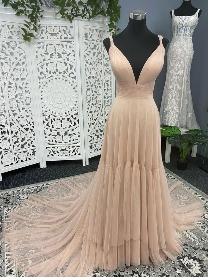 Simple A line tulle champagne long prom dress, champagne evening dress