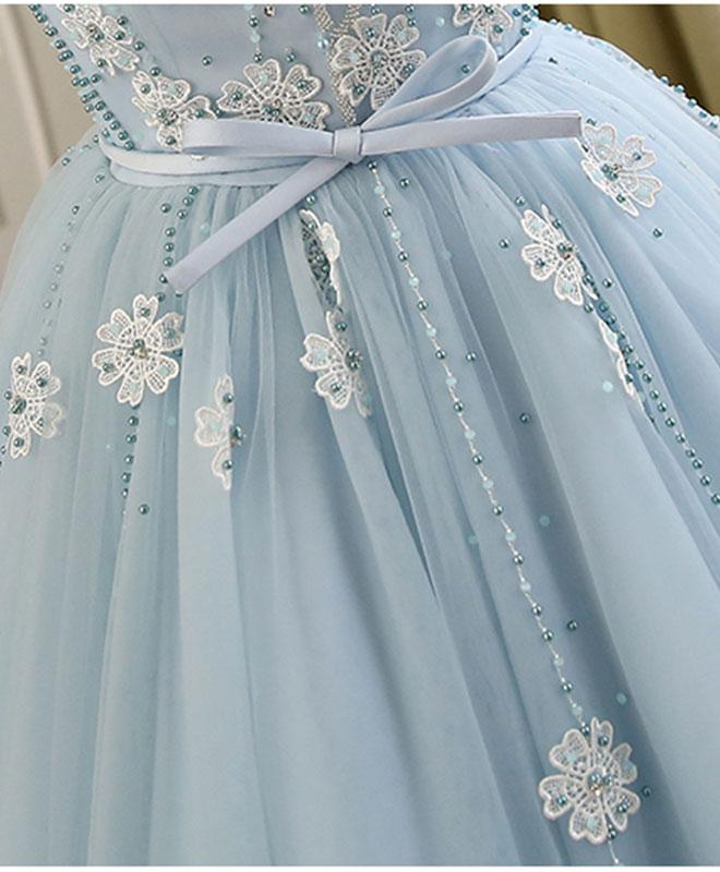 Blue round neck tulle beads tulle short prom dress, blue homecoming dress
