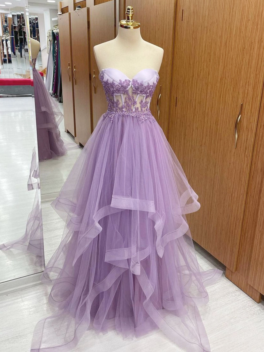 A Line Sweetheart Neck Purple Tulle Long Prom Dresses, Sweetheart Neck  Purple Tulle Long Formal Evening Dresses