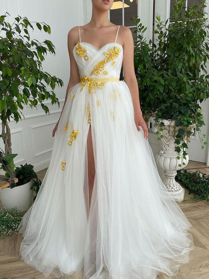 White sweetheart neck tulle long prom dress, white evening dress