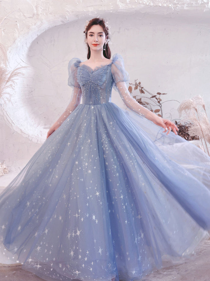 Blue tulle long prom dress, Blue A line evening dress