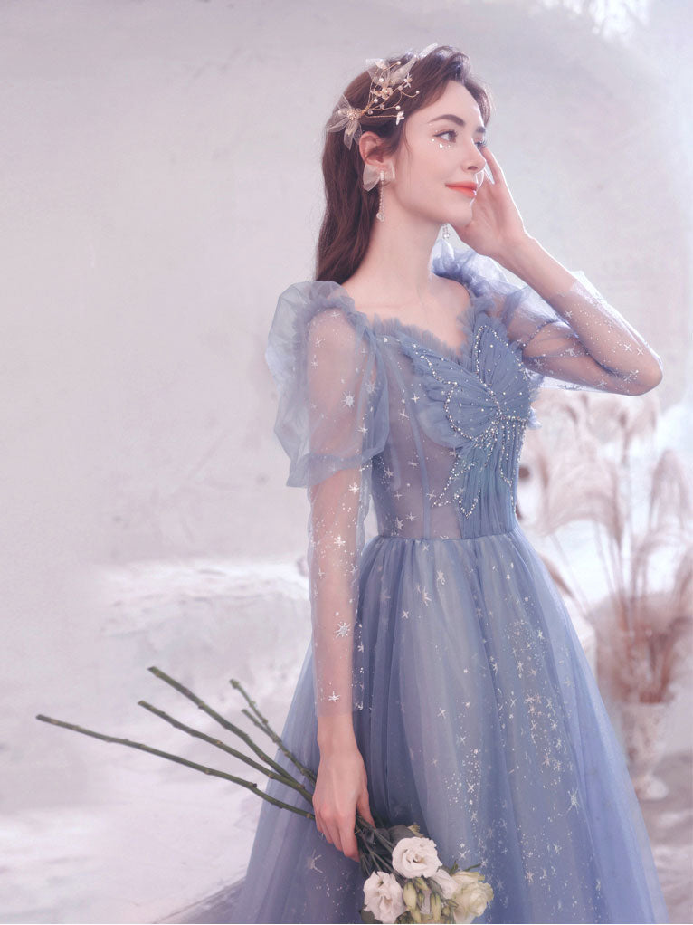 Blue tulle long prom dress, Blue A line evening dress