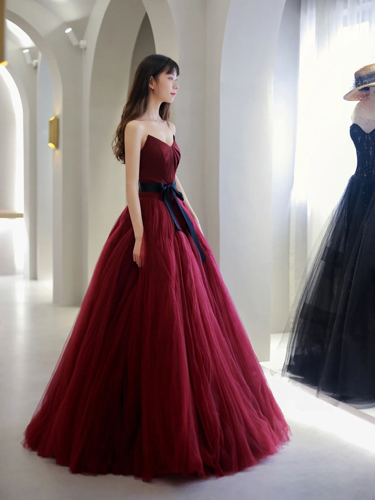 Burgundy V neck tulle long prom dress, burgundy tulle formal evening d toptby Burgundy V neck tulle long prom dress, burgundy tulle formal evening d toptby