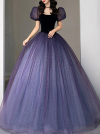 Purple tulle long prom dress, purple tulle formal party dress