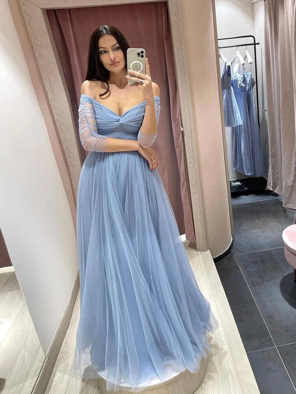 Simple blue tulle long prom dress blue tulle formal dress