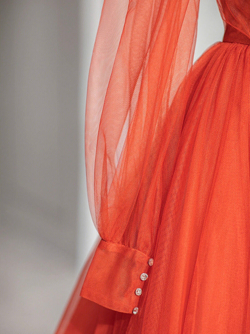 Aline v neck tulle orange long prom dress, orange formal party dress