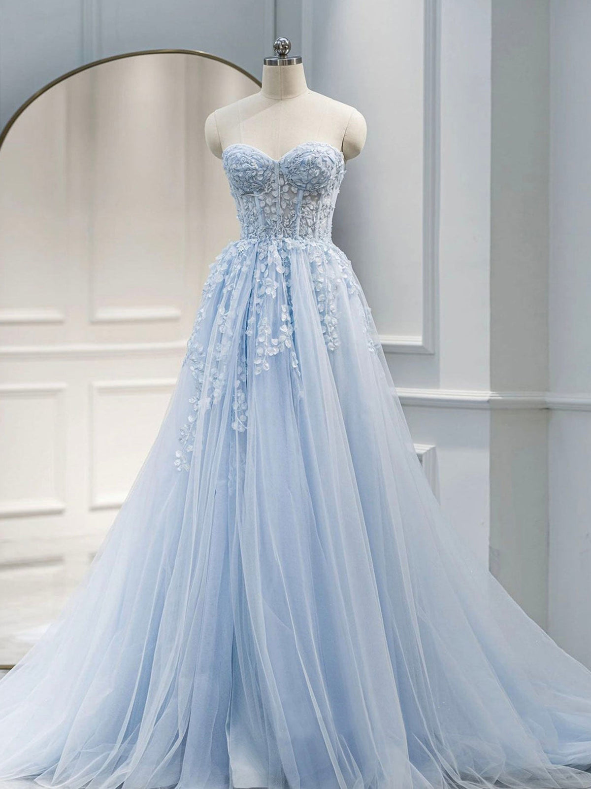 A line Sweetheart Neck Tulle Lace Long Blue Prom Dresses, Lace Formal toptby A line Sweetheart Neck Tulle Lace Long Blue Prom Dresses, Lace Formal toptby