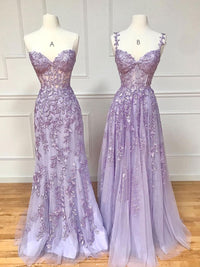 Purple Lace Long Prom Dress, Purple Lace Evening Dresses