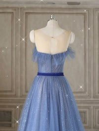 A-Line Tulle Blue Long Prom Dresses, Blue Tulle Formal Dresses