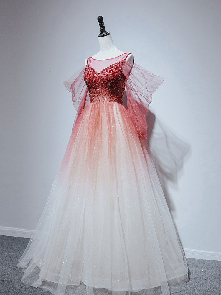 Burgundy tulle off shoulder beads long prom dress, burgundy evening dr toptby Burgundy tulle off shoulder beads long prom dress, burgundy evening dr toptby