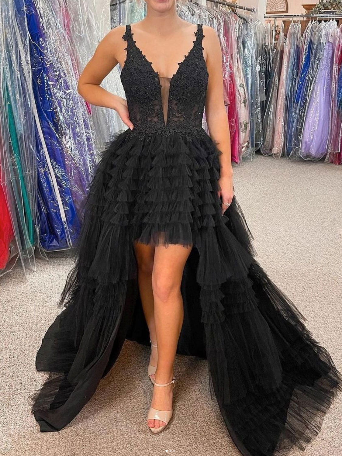 Red v neck high low lace tulle prom dress, tulle lace evening dress toptby Red v neck high low lace tulle prom dress, tulle lace evening dress toptby