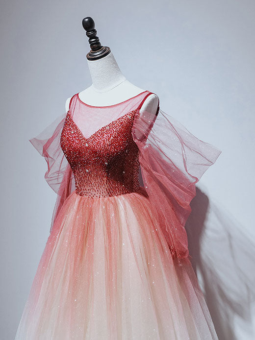 Burgundy tulle off shoulder beads long prom dress, burgundy evening dress
