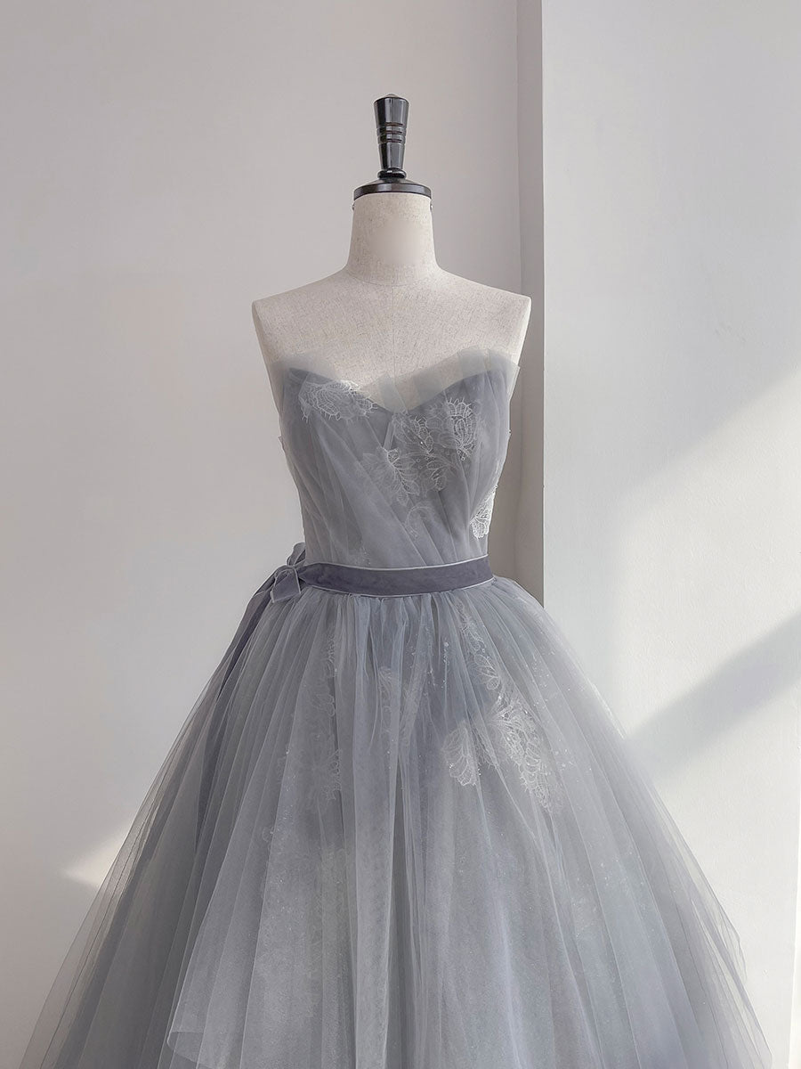 Gray tulle lace long prom dress, gray tulle sweet 16 dress
