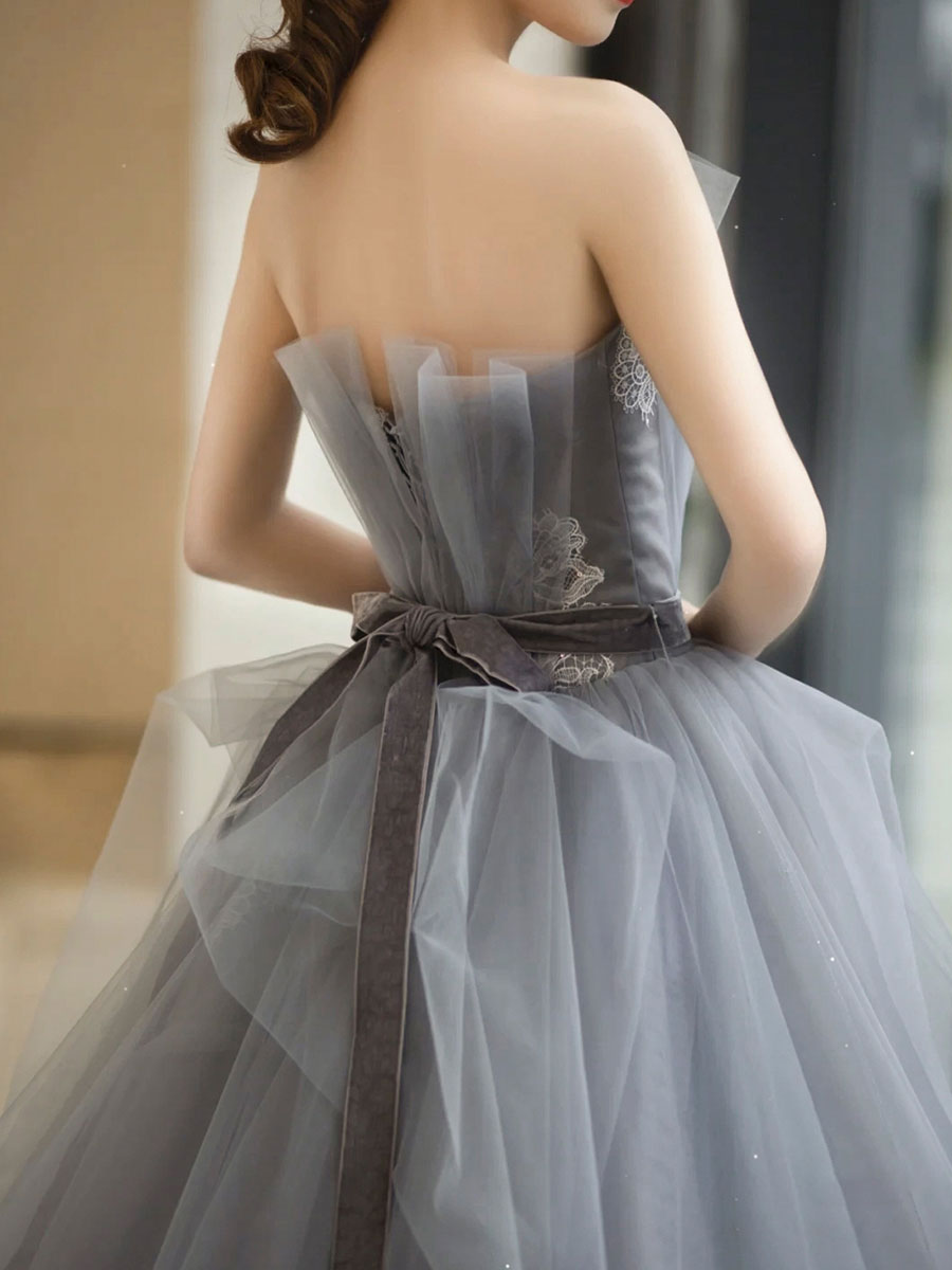 Gray tulle lace long prom dress, gray tulle sweet 16 dress – toptby