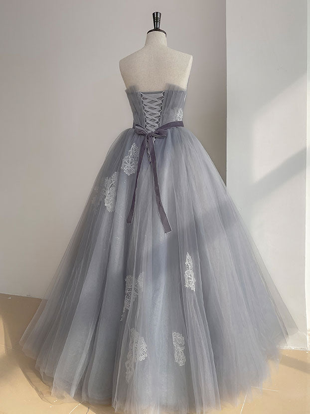 Gray tulle lace long prom dress, gray tulle sweet 16 dress