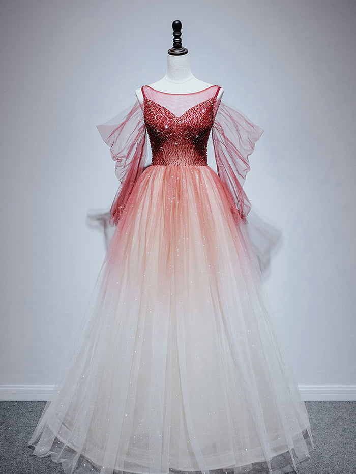 Burgundy tulle off shoulder beads long prom dress, burgundy evening dress