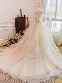 Champagne sweetheart neck tulle lace long wedding dress, lace bridal dress