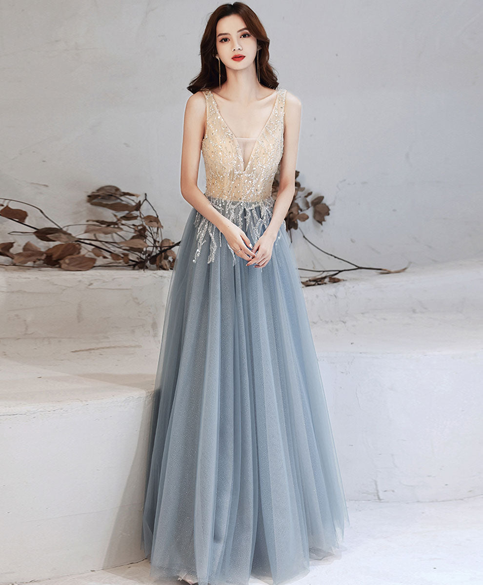 Blue v neck tulle sequin long prom dress blue tulle formal dress