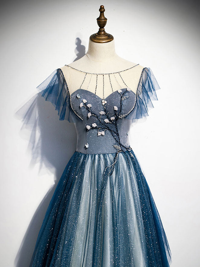 Blue tulle long prom dress, blue beads long evening dress