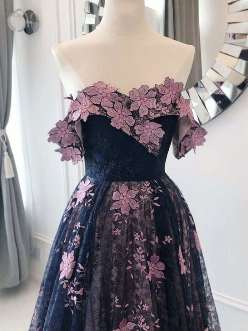 Dark blue tulle lace long prom dress blue tulle formal dress