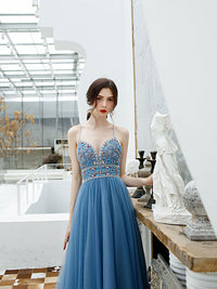 Blue backless tulle long prom dress, blue tulle formal dress