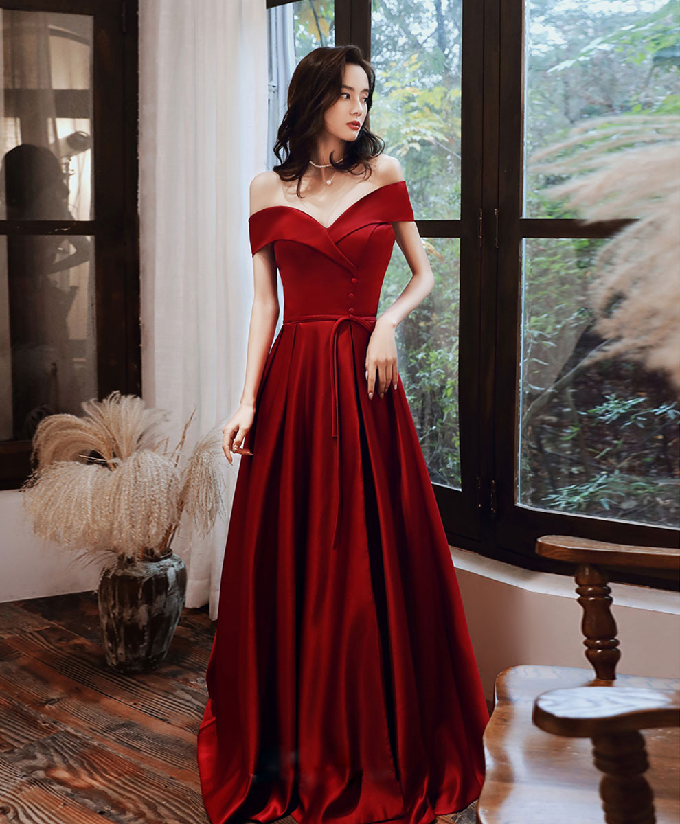 Red off the hot sale shoulder satin dress