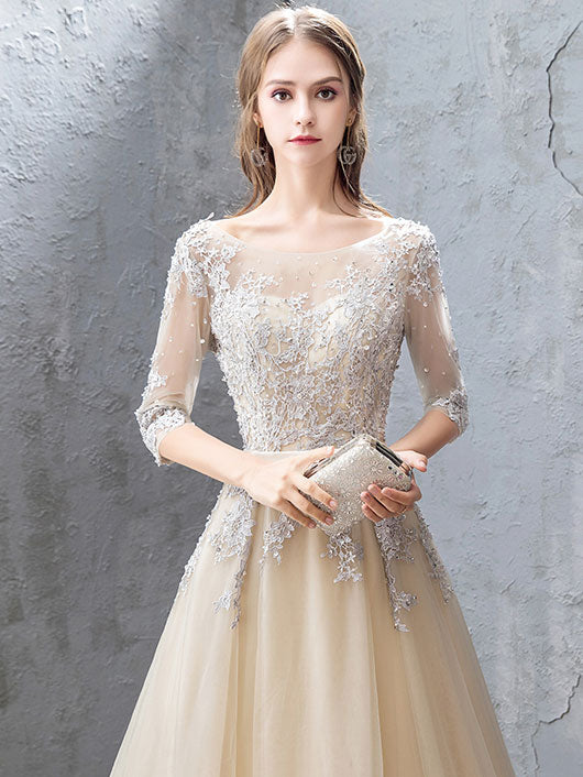 Champagne round neck tulle lace long prom dress, champagne evening dress