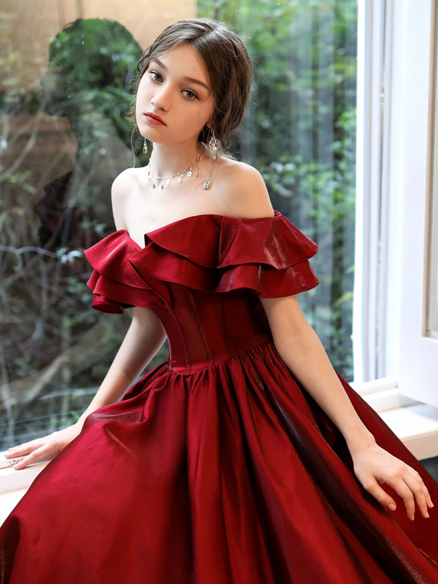 Simple  off shoulder satin long prom dress, burgundy evening dress