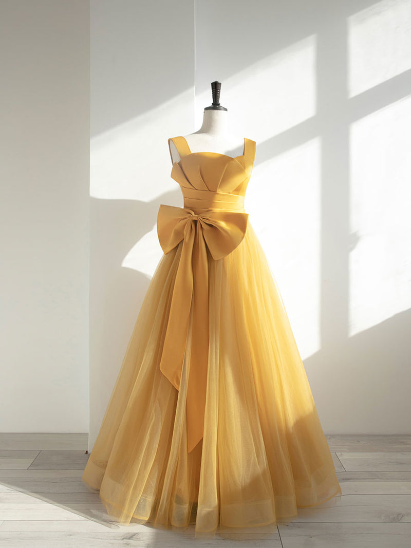 Simple yellow tulle long prom dress, yellow tulle formal dress