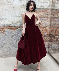 Simple burgundy tea Length prom dress, burgundy bridesmaid dress