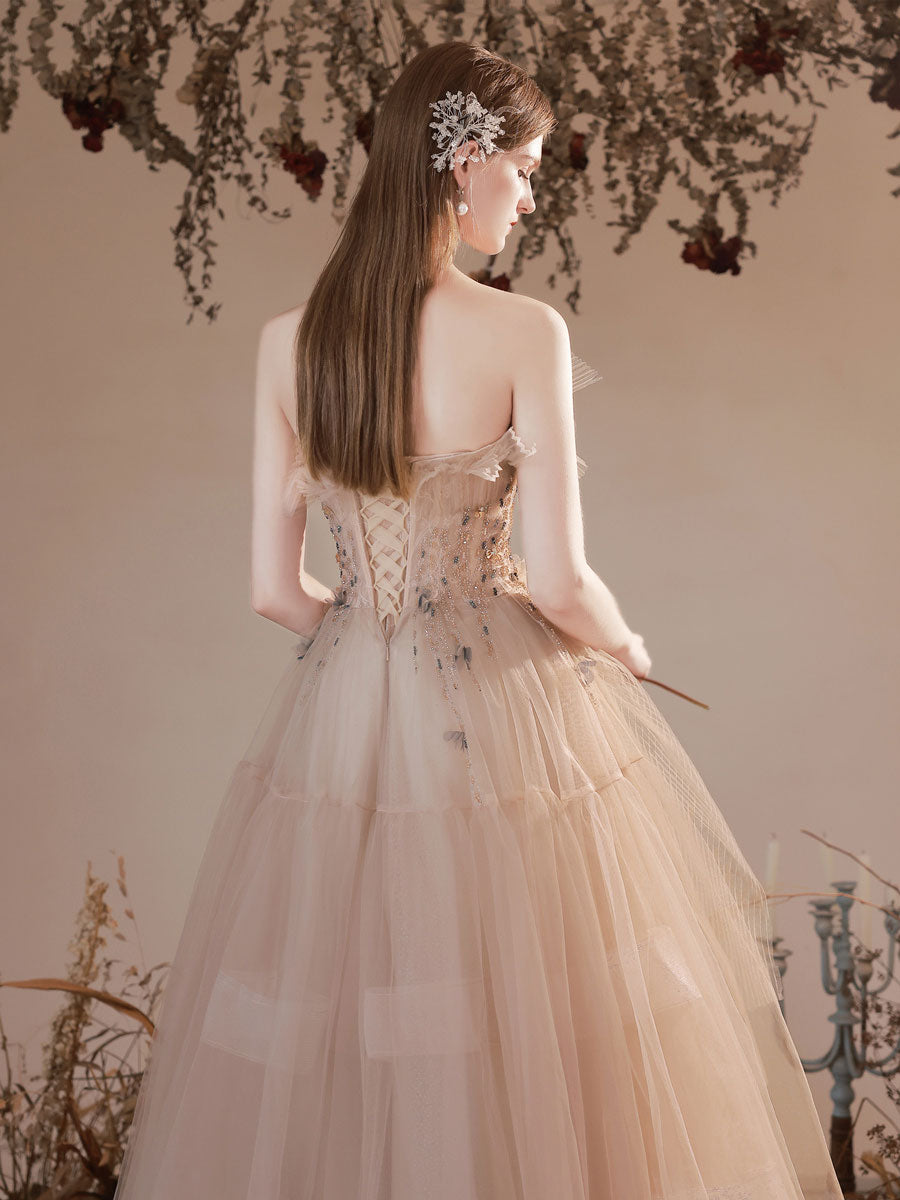 Champagne tulle long prom dress, A line tulle formal dress – toptby