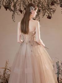 Champagne tulle long prom dress, A line tulle formal dress