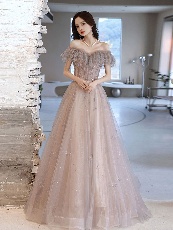 pale pinkish tulle A-line long prom dress tulle formal dress