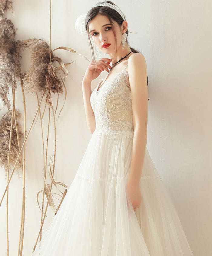 White sweetheart A line tulle tea length prom dress bridesmaid dress