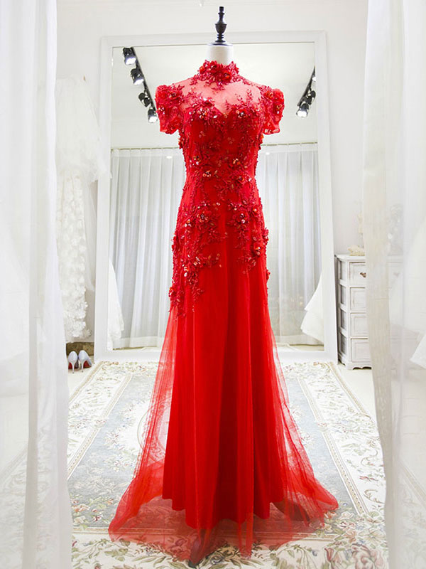 Red tulle lace long prom dress, red lace tulle formal dress
