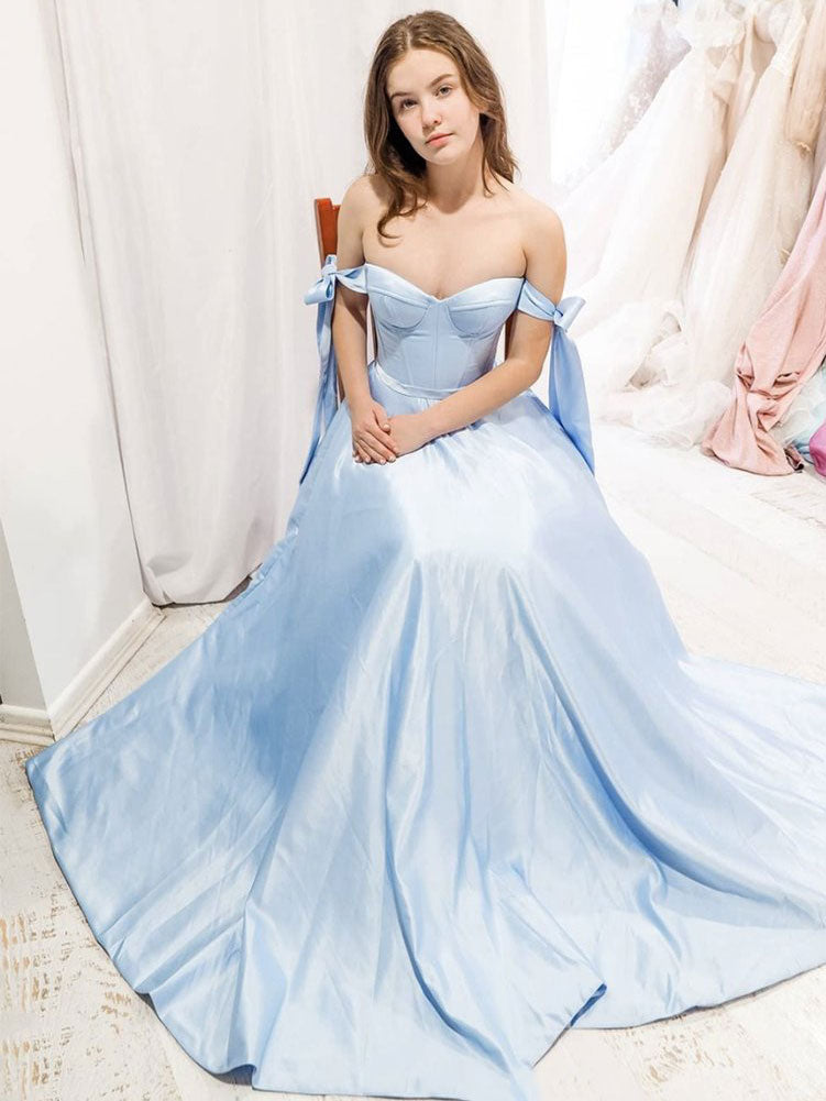 Simple blue sweetheart satin long prom dress blue formal dress