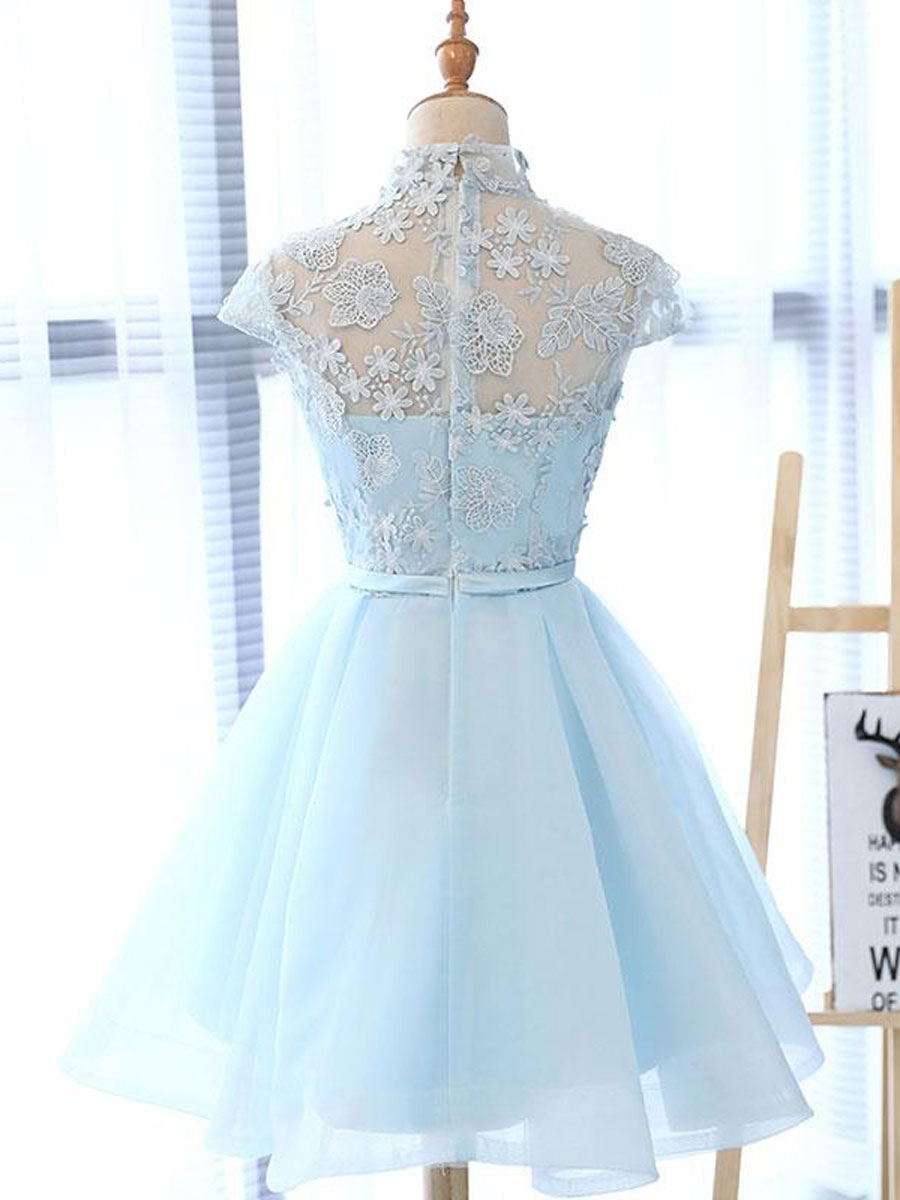 A line High Neck Lace Blue Short Prom Dress, Blue Homecoming Dress toptby A line High Neck Lace Blue Short Prom Dress, Blue Homecoming Dress toptby