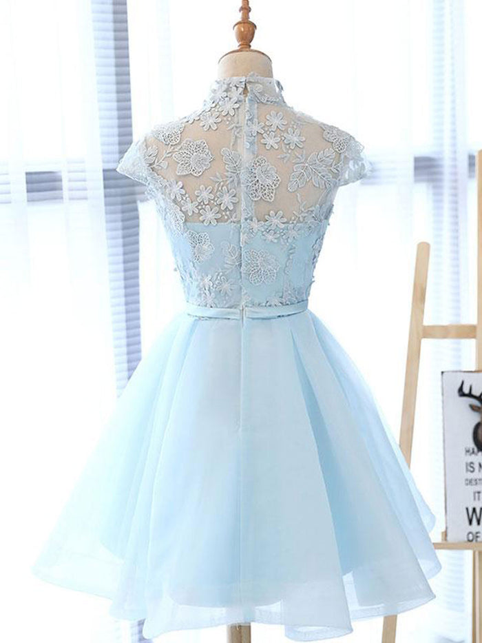 A line High Neck Lace Blue Short Prom Dress, Blue Homecoming Dress