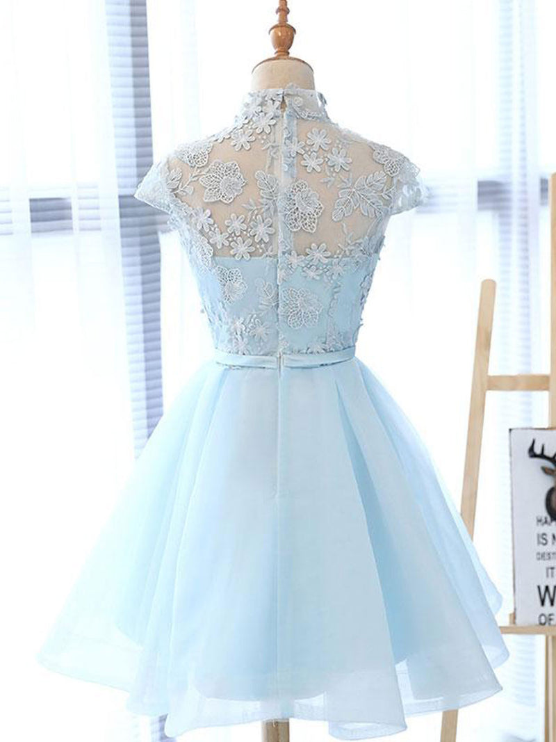 A line High Neck Lace Blue Short Prom Dress, Blue Homecoming Dress toptby A line High Neck Lace Blue Short Prom Dress, Blue Homecoming Dress toptby