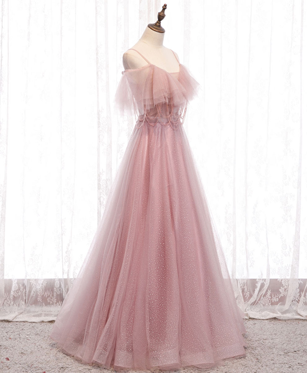 Pink sweetheart tulle sequin long prom dress tulle formal dress