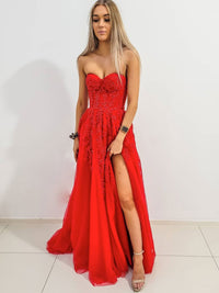 Red sweetheart neck tulle lace long prom dress, red evening dress