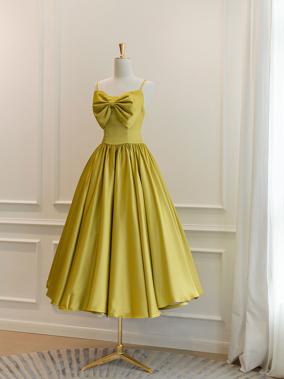 Simple yellow satin short prom dress, yellow bridesmaid dress