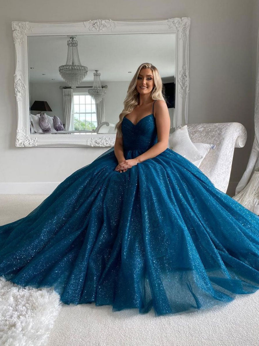 Dark blue tulle sequin long prom dress, blue tulle formal dress