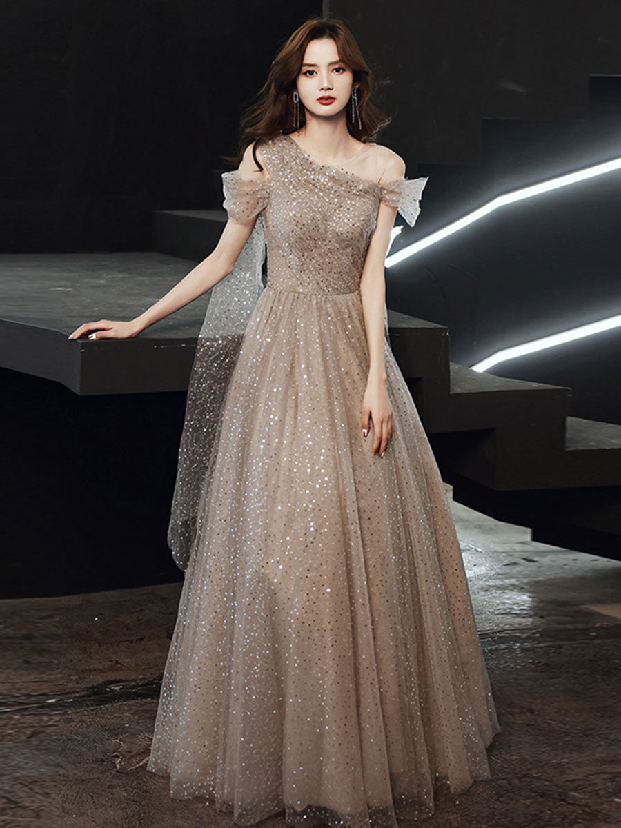 Champagne tulle one shoulder long prom dress tulle evening dress