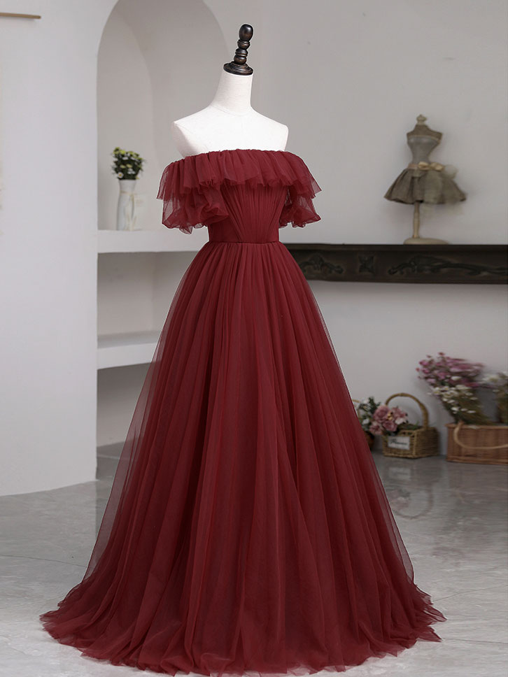 Simple burgundy tulle A line evening dress, burgundy evening dress toptby Simple burgundy tulle A line evening dress, burgundy evening dress toptby