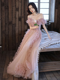 Pink tulle long prom dress, pink tulle evening dress