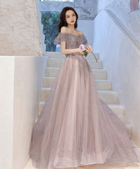 pale pinkish tulle A-line long prom dress tulle formal dress