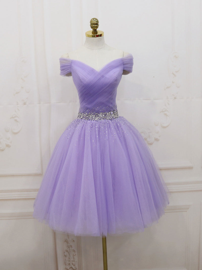 Purple  tulle off shoulder sequin short prom dress purple homecoming dress