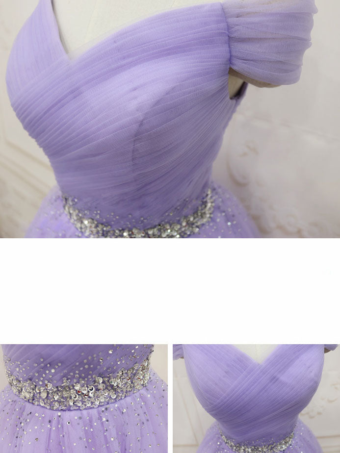Purple  tulle off shoulder sequin short prom dress purple homecoming dress